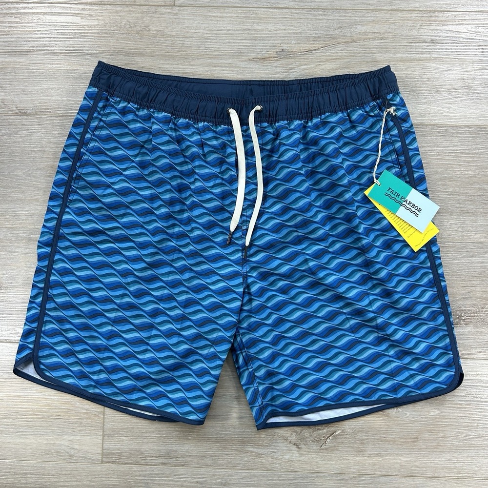 NWT Fair Harbor XXXL 3XL Swim Short Blue Geometric Wave Elastic Waist Drawstring